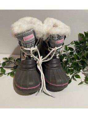 London Fog Girls Grey & Pink Snow Boots With Faux Fur Lining Winter Size 12